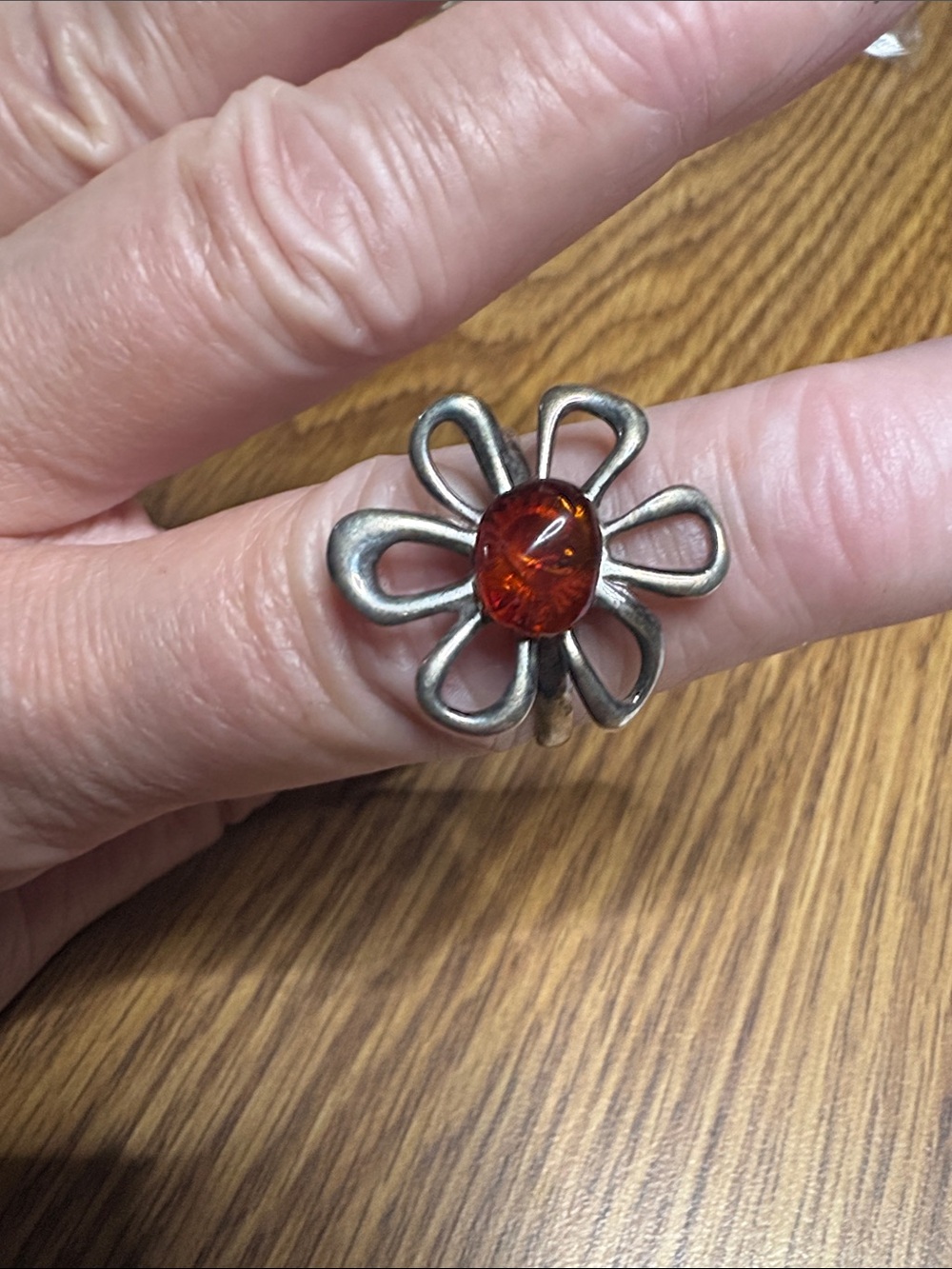Sterling Flower Ring with Amber Cabochon - Orange Accent